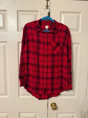 Red Plaid Button-Down Shirt for women